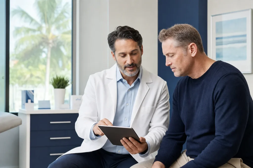 Clinician reviewing health information with an adult male patient