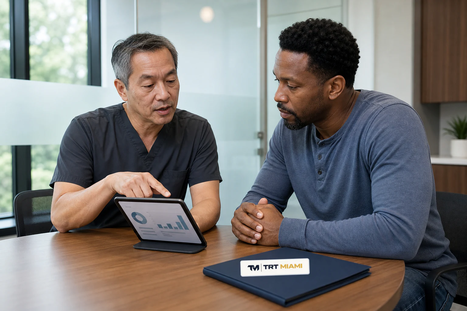 TRT Miami clinician and patient reviewing laboratory results for low testosterone