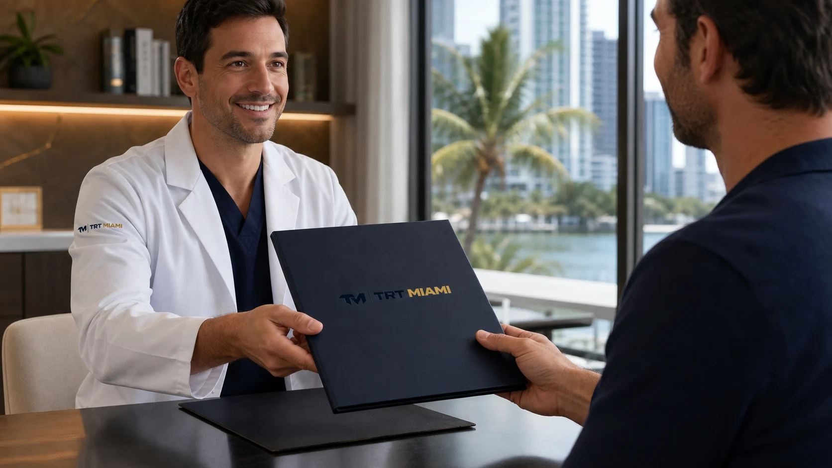 TRT Miami male physician handing a personalized care plan to a male patient