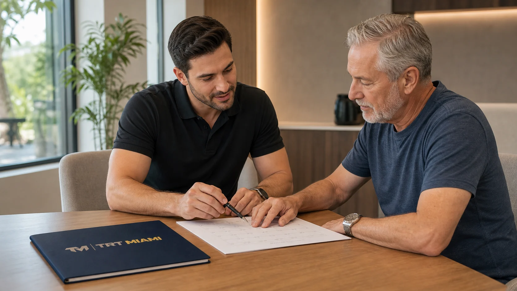 TRT Miami male care coordinator planning follow-up appointments with a male patient