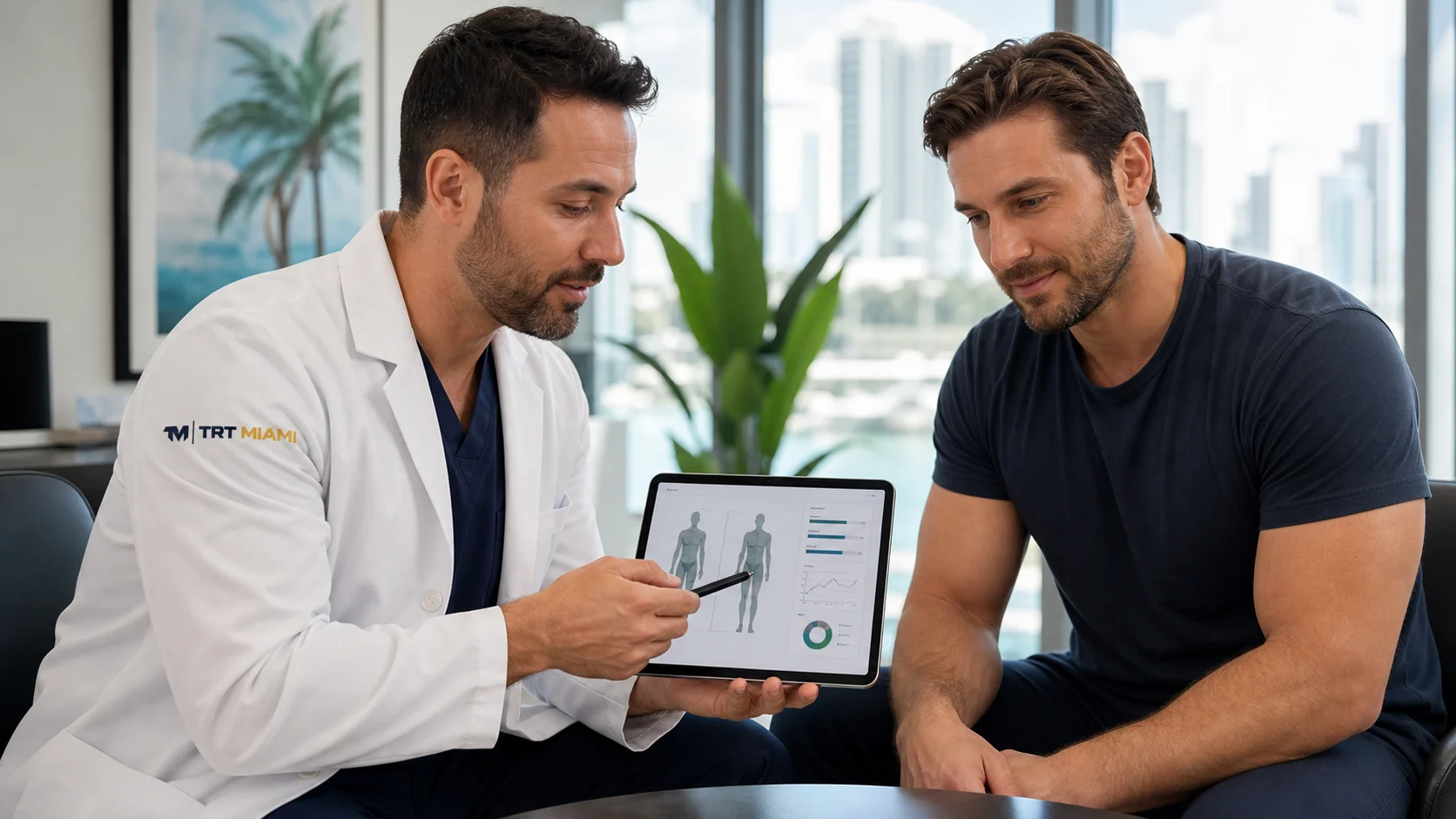 TRT Miami male physician discussing a clinician-guided weight management plan with a male patient