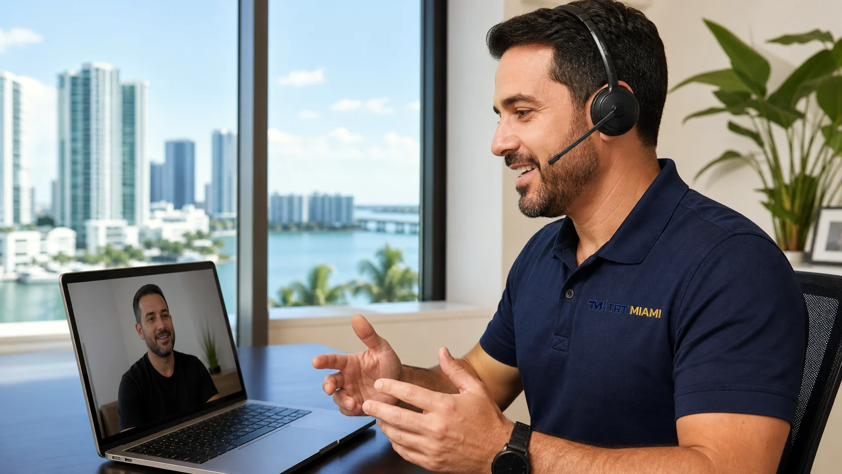 TRT Miami male care coordinator supporting a male patient by video consultation