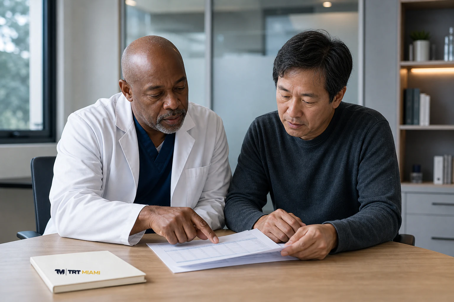 TRT Miami clinician and patient reviewing testosterone laboratory results