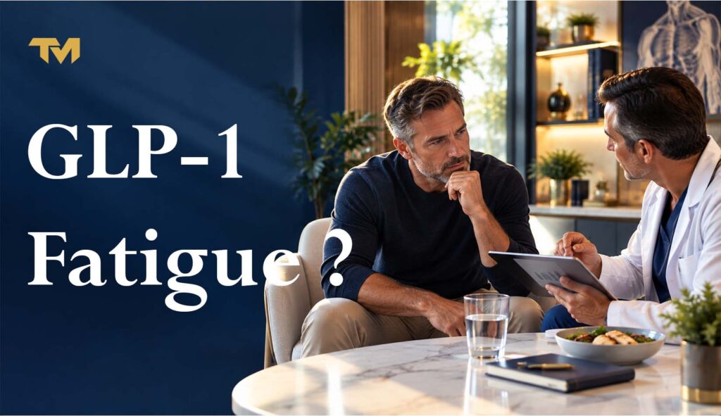 Man discussing GLP-1 fatigue with a healthcare professional at a Miami clinic.